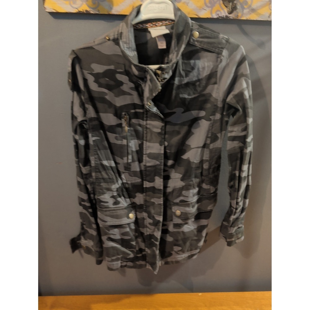 Knox Rose Utility Jacket Womens Size XS Gray Camouflage‎ Zip Snaps Pockets